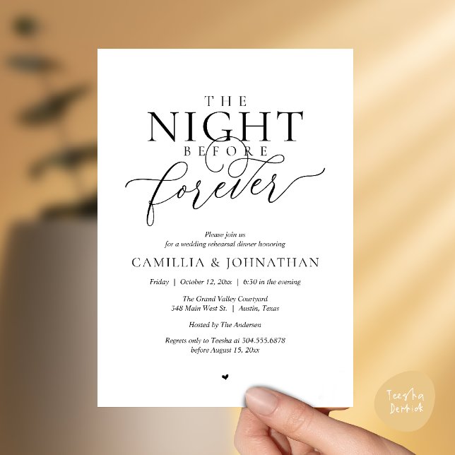 “Kvällen före för evigt” Romantisk Generalrepetiti Inbjudningar (“Night Before Forever” Modern Romantic Rehearsal Dinner Invitation Card in Black and White)
