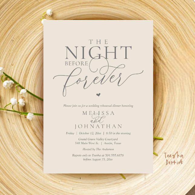 Kvällen före för evigt Romantisk Övningsmiddagsinb Inbjudningar (The Night Before Forever Romantic Rehearsal Dinner Invitation Card Cream and Grey)