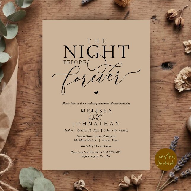 Kvällen före för evigt Romantisk repetition middag Inbjudningar (The Night Before Forever Romantic Rehearsal Dinner Invitation Card Brown Tan)