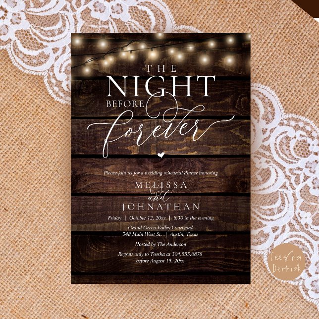 Kvällen före för evigt Romantisk repetition middag Inbjudningar (The Night Before Forever Romantic Rehearsal Dinner Invitation Card Brown Wood String Lights)