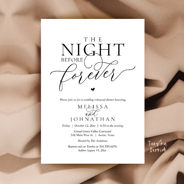 Kvällen före för evigt Romantisk repetition middag Inbjudningar (The Night Before Forever Romantic Rehearsal Dinner Invitation Card Black and White)