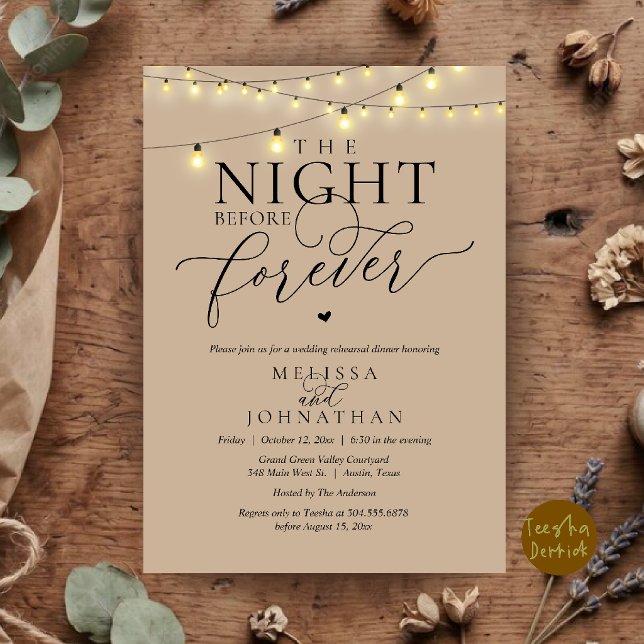 Kvällen före för evigt Romantisk repetition middag Inbjudningar (The Night Before Forever Romantic Rehearsal Dinner Invitation Card Brown Tan String Lights)