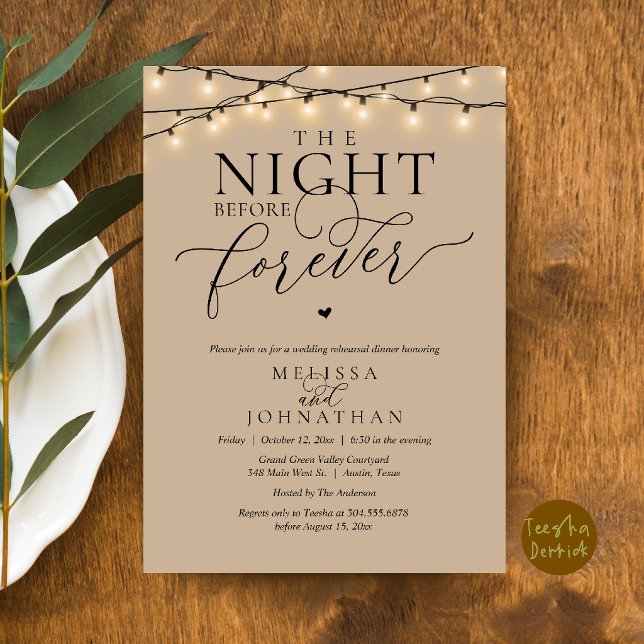 Kvällen före för evigt Romantisk repetition middag Inbjudningar (The Night Before Forever Romantic Rehearsal Dinner Invitation Card Brown Tan String Lights)