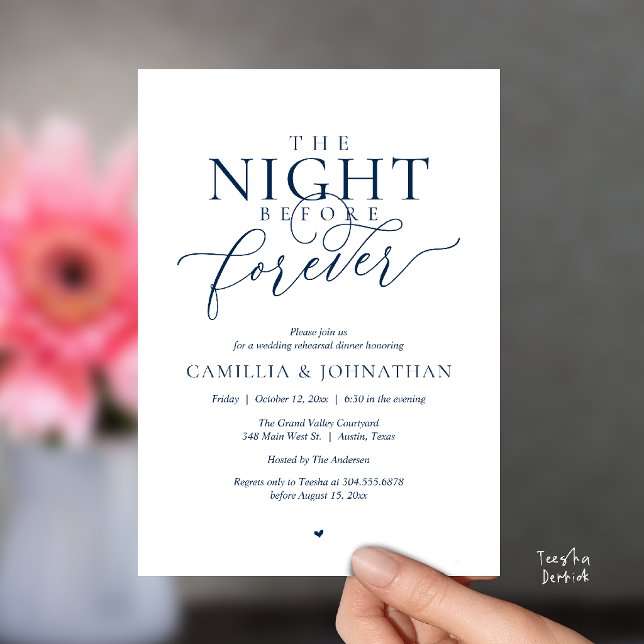 “Kvällen före för evigt” Romantisk repetitionskala Inbjudningar (“Night Before Forever” Modern Romantic Rehearsal Dinner Invitation Card in navy blue)