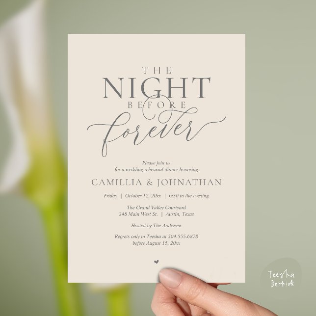 “Kvällen före för evigt” Romantisk repetitionskala Inbjudningar (“Night Before Forever” Modern Romantic Rehearsal Dinner Invitation Card in Grey cream)