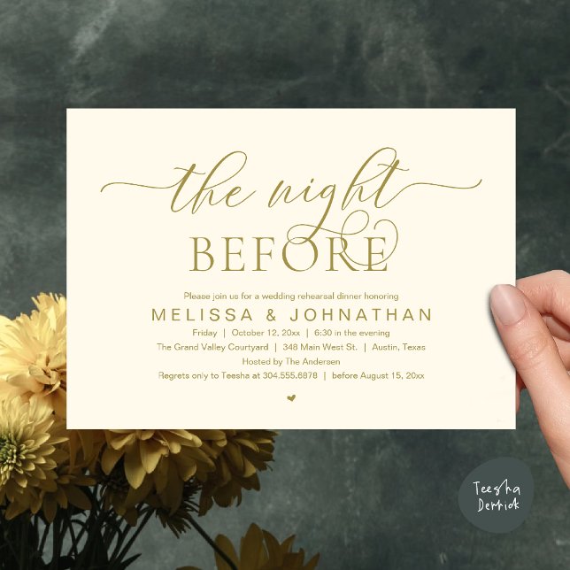 Kvällen före, Klassig Rehearsal Dinner för bröllop Inbjudningar (The Night Before, Classy Wedding Rehearsal Dinner Invitation card PDF Modern aesthetic Yellow Gold)