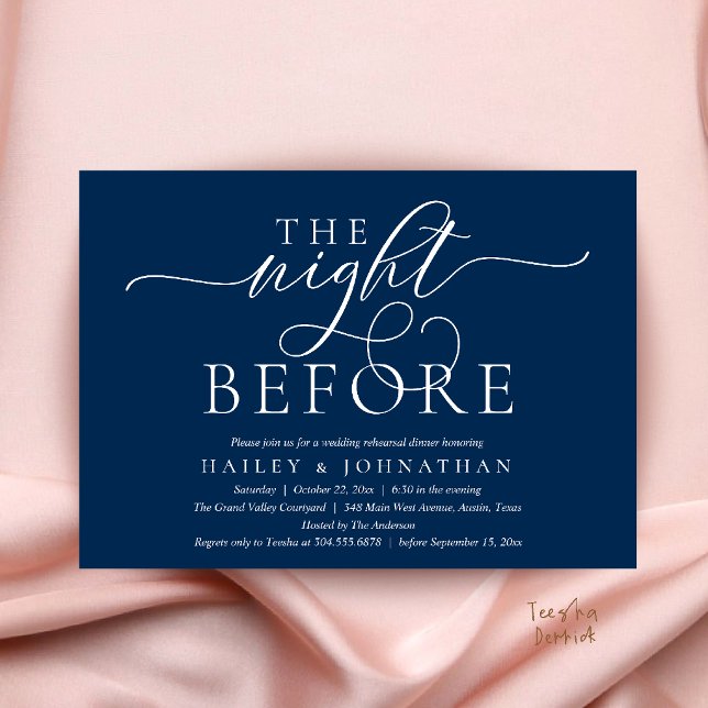 Kvällen före, Klassisk middag för bröllopsrepetiti Inbjudningar (The Night Before, Classy Wedding Rehearsal Dinner Invitation Card in Navy Blue)