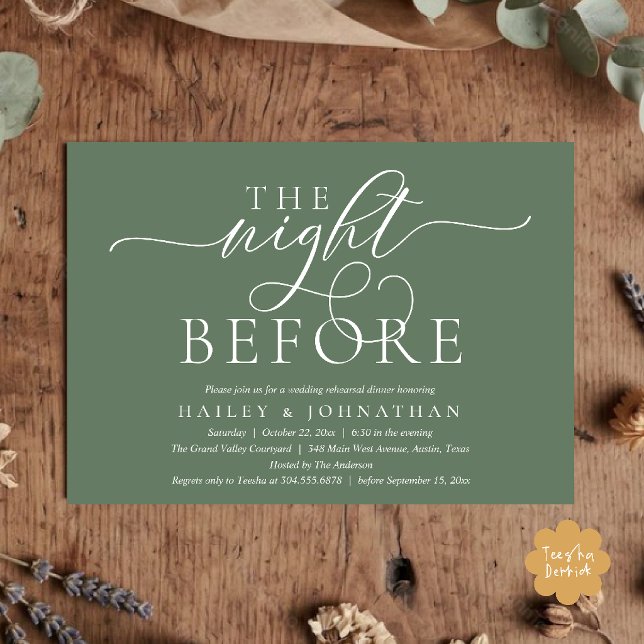 Kvällen före, Klassisk Övningsmiddag för Bröllop Inbjudningar (The Night Before, Classy Wedding Rehearsal Dinner Invitation Card in Sage Green)