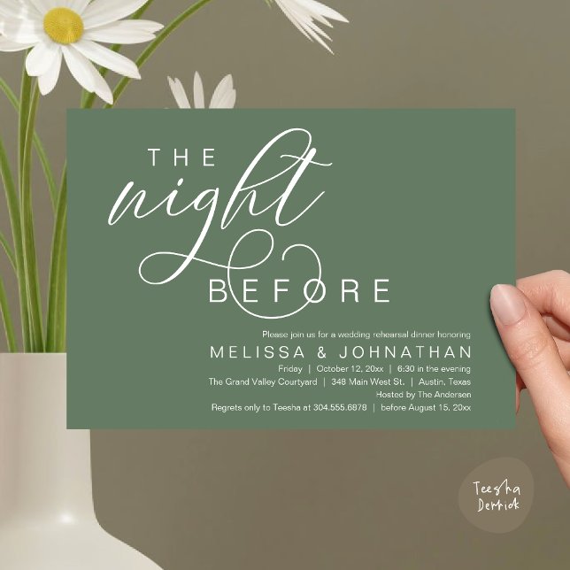 Kvällen före, Klassisk Rehearsal Dinner för Bröllo Inbjudningar (The Night Before, Classy Romantic Wedding Rehearsal Dinner Invitation Card PDF Modern Sage Green)