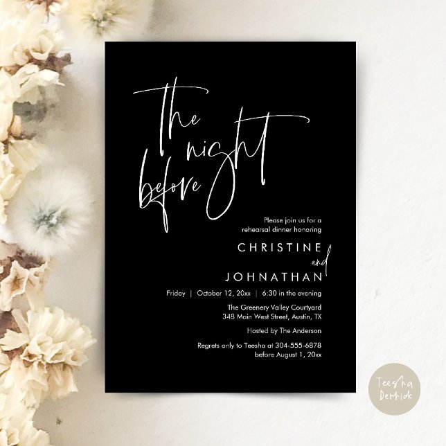 Kvällen före, Modern avslappnad middag före bröllo Inbjudningar (The Night Before, Modern Wedding Rehearsal Dinner Invitation Card in Black White)