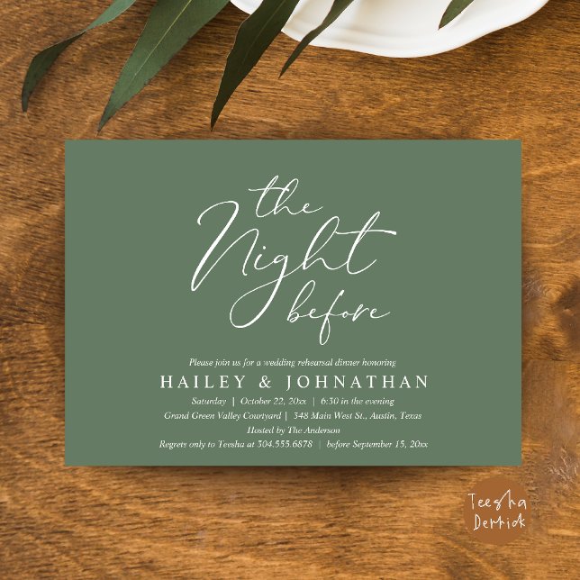Kvällen före, modern bröllopsrepetition middag inbjudningar (The Night Before, Modern Romantic Wedding Rehearsal Dinner Invitation Card in Sage Green)