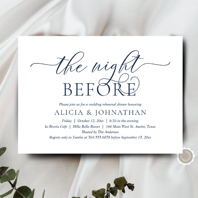 Kvällen före, Modern bröllopsrepetition middag Inbjudningar (The Night Before, Wedding Rehearsal Dinner Invitation Card, in Modern Contemporary Classy Navy Blue)