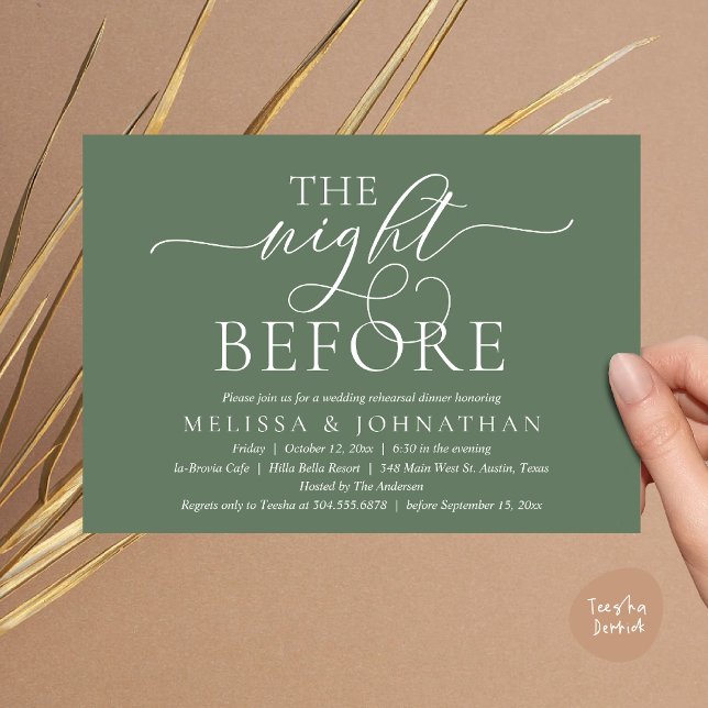 Kvällen före, Modern Bröllopsrepetition Middag Inbjudningar (The Night Before, Modern Wedding Rehearsal Dinner Party Invitation Card, PDF, Greenery Sage Green)