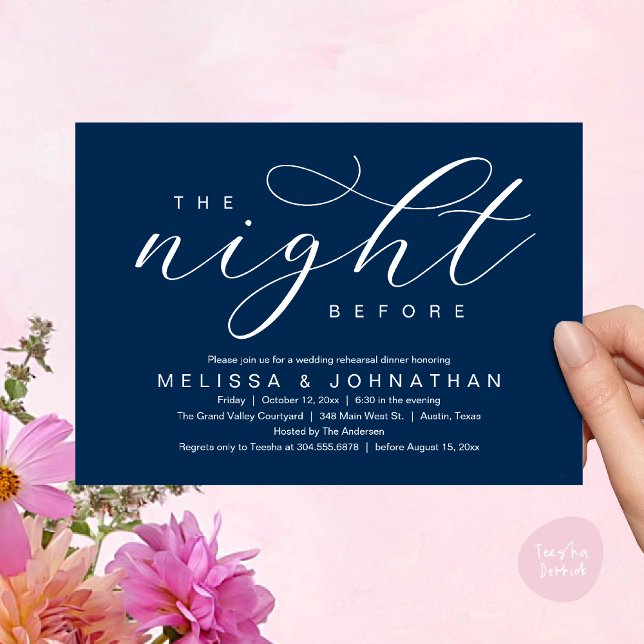 Kvällen före, Modern Bröllopsrepetition Middag Inbjudningar (The Night Before, Classy Modern Wedding Rehearsal Dinner Invitation Card PDF Navy Blue)