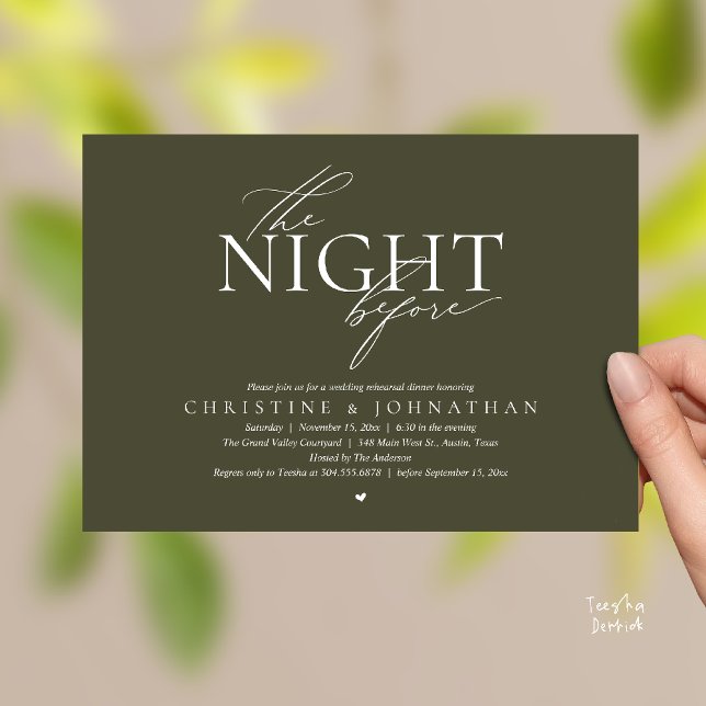 Kvällen före, modern bröllopsrepetition middagsinb inbjudningar (The Night Before, Modern Wedding Rehearsal Dinner Invitation Card in Olive Green)