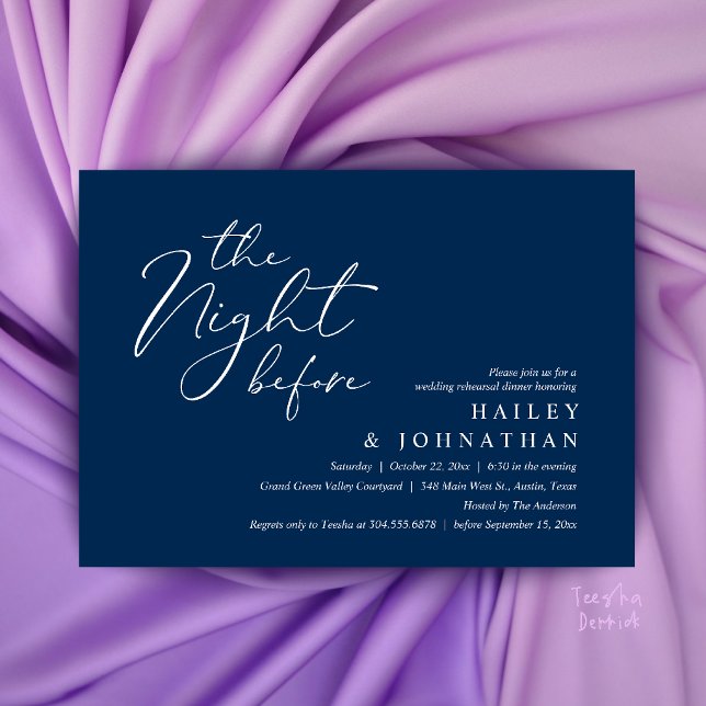 Kvällen före, Modern Övningsmiddag för Bröllop Inbjudningar (The Night Before, Modern Romantic Wedding Rehearsal Dinner Invitation Card in Navy Blue)
