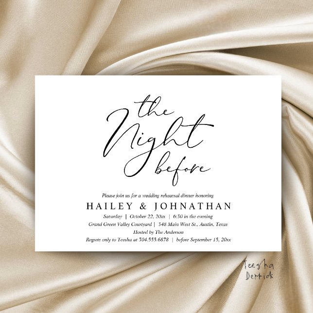 Kvällen före, modern övningsmiddag för bröllop inbjudningar (The Night Before, Modern Romantic Wedding Rehearsal Dinner Invitation Card in Black and White)