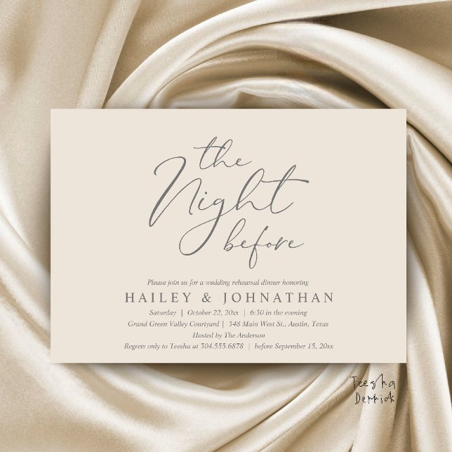 Kvällen före, Modern Övningsmiddag för Bröllop Inbjudningar (The Night Before, Modern Romantic Wedding Rehearsal Dinner Invite Card in Cream Grey)