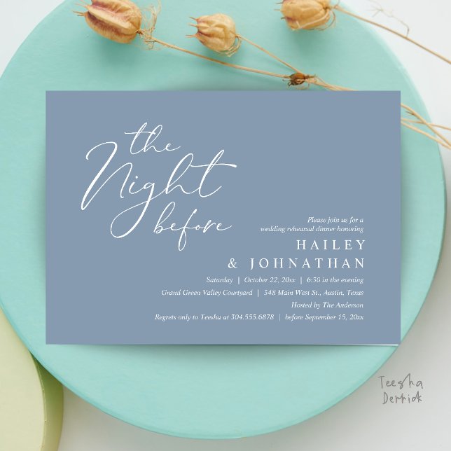 Kvällen före, Modern Övningsmiddag för Bröllop Inbjudningar (The Night Before, Modern Romantic Wedding Rehearsal Dinner Invitation Card in Dusty Blue)