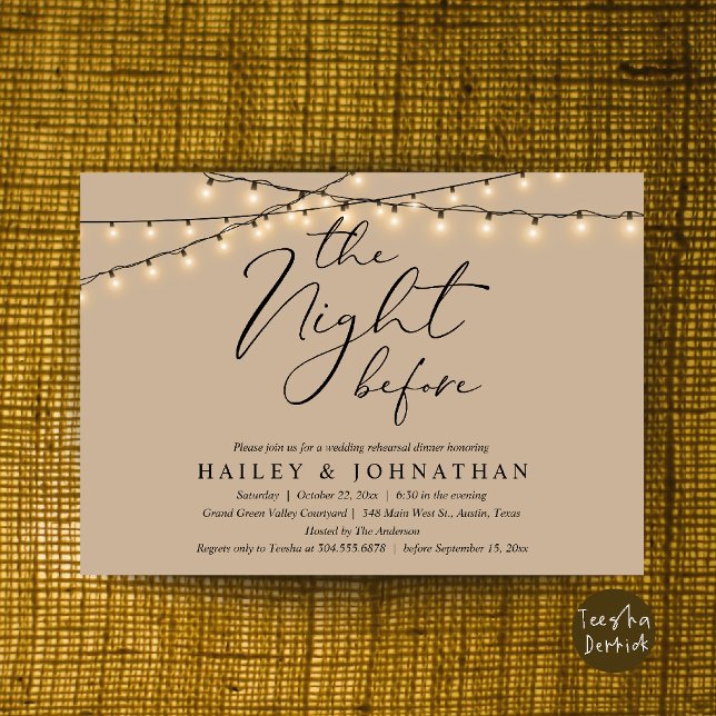 Kvällen före, Modern Övningsmiddag för Bröllop Inbjudningar (The Night Before, Modern Romantic Wedding Rehearsal Dinner Invite Card in String Lights Brown Tan)