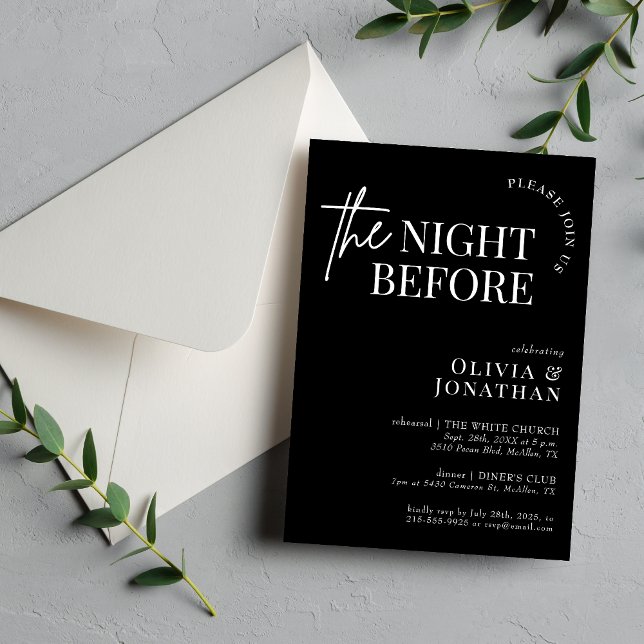 Kvällen före svart och vit repetition middag inbjudningar (Black and white night before rehearsal dinner invitation sets a sleek tone for your gathering.)