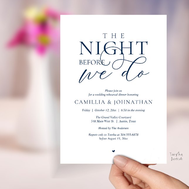 “Kvällen före vi gör det” Modern repetitionens mid Inbjudningar (“The Night Before We Do” Modern Classy Rehearsal Dinner Reception Invitation Card Navy Blue)