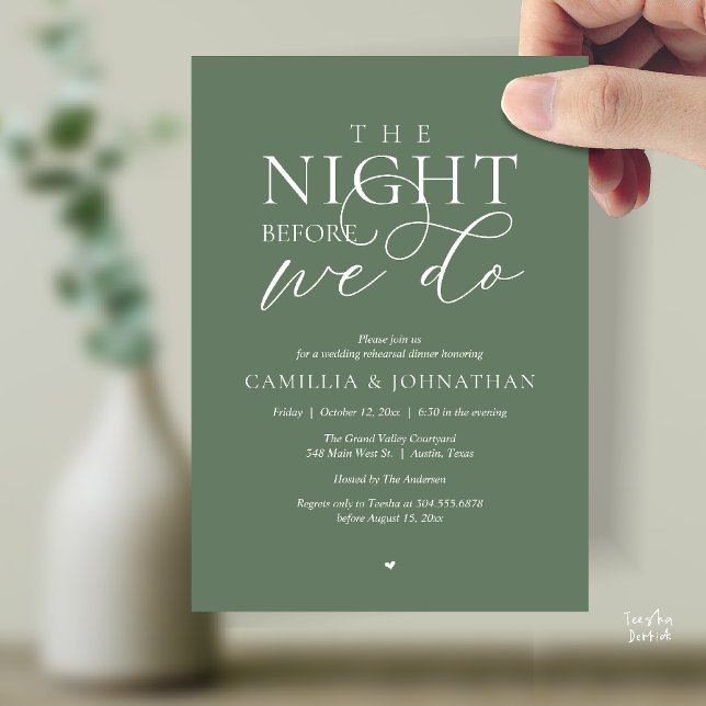 “Kvällen före vi gör det” Modern repetitionens mid Inbjudningar (“The Night Before We Do” Modern Classy Rehearsal Dinner Reception Invitation Card Sage Green)