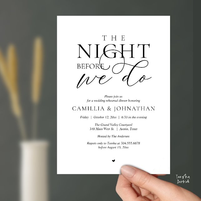 “Kvällen före vi gör det” Modern repetitionsmiddag Inbjudningar (“The Night Before We Do” Modern Classy Rehearsal Dinner Reception Invitation Card Black White)