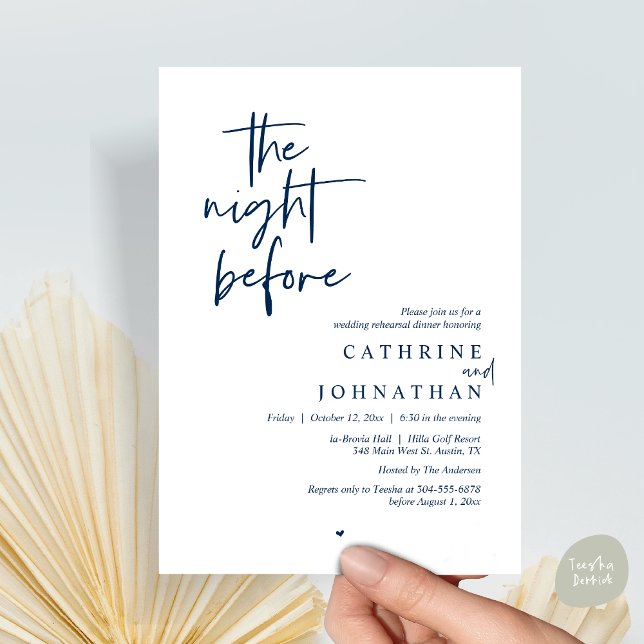 Kvällen innan, Bröllop Rehearsal Dinner Inbjudningar (The night before, Modern Wedding Rehearsal Dinner Invitation Card, PDF, in Navy Blue)