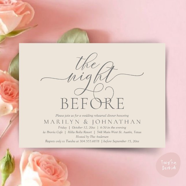 Kvällen innan, Klassisk middag inför bröllopsrepet Inbjudningar (The Night Before, Classy Romantic Wedding Rehearsal Dinner Party Invitation Card PDF in Cream Grey)