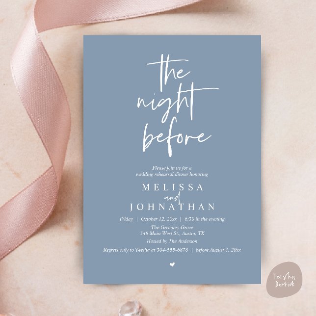 Kvällen innan, Modern Övningsmiddag för Bröllop Inbjudningar (The night before, Modern minimalist Wedding Rehearsal Dinner Invitation card in dusty blue)