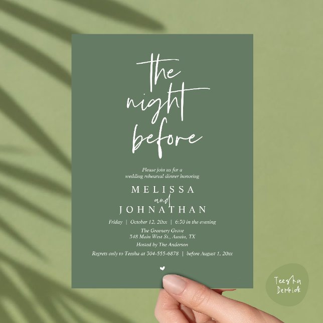 Kvällen innan, Modern Övningsmiddag för Bröllop Inbjudningar (The night before, Modern minimalist Wedding Rehearsal Dinner Invitation card in sage green)