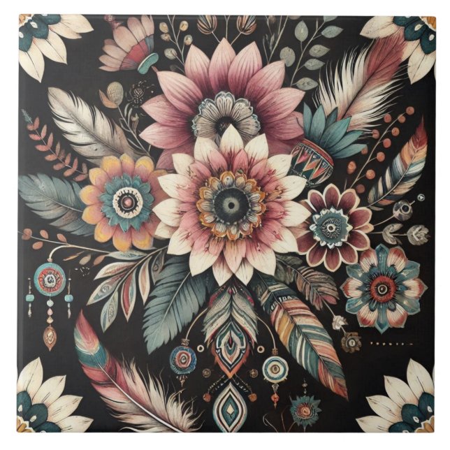 Kvälls Boho Blommor Kakelplatta (Framsidan)