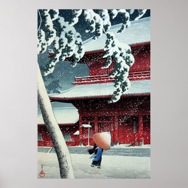 Kvällssnö vid Edofloden Hasui Kawase Cirka 1925 Poster (Framsidan)