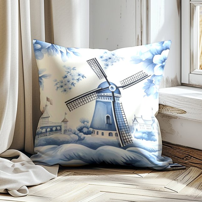 Kvarn Dutch Delft Blue-Vintage Kudde (Vintage blue windmill decorator pillow)