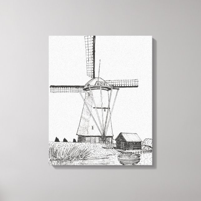 Kvarn Nederländerna Pen och Bläck Illustration Canvastryck (Framsida)