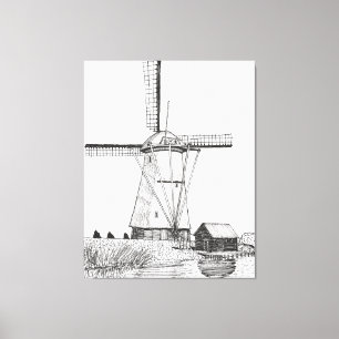 Kvarn Nederländerna Pen och Bläck Illustration Canvastryck