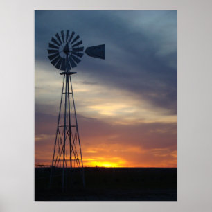 Kvarn och western Kansas solnedgång Poster