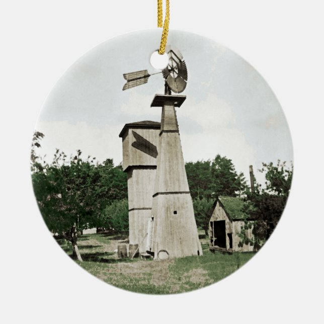 Kvarn Rural Farm 1890's Colorsplash Watercolor Julgransprydnad Keramik (Framsidan)