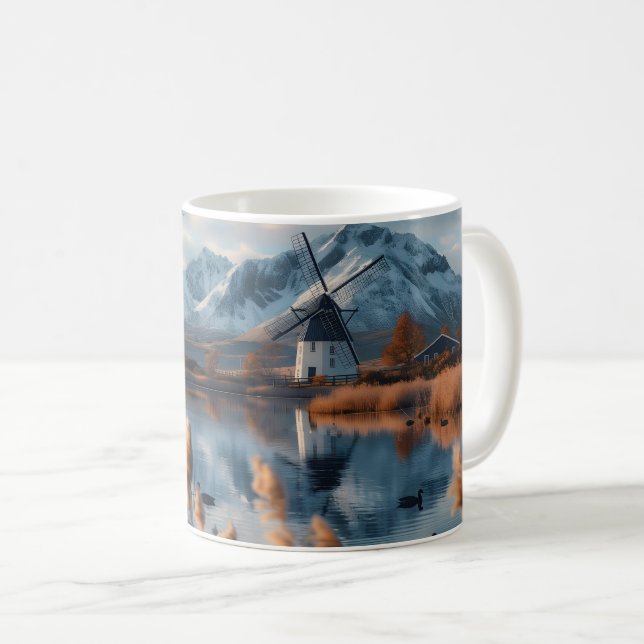 Kvarn vid sjö med landskap i bergsområden kaffemugg (Framsida höger)