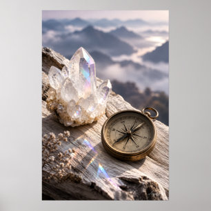 Kvarts Kristall och Mässing Kompass Eterisk Stille Poster