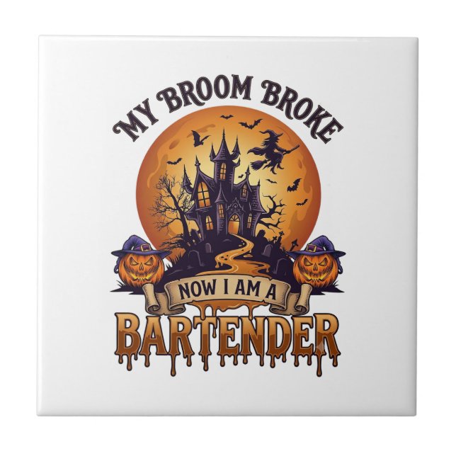 Kvastsöndrad Bartender Halloween Spökhus Häxa Kakelplatta (Framsidan)