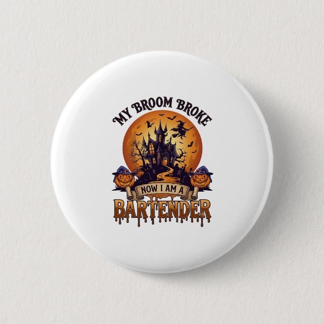 Kvastsöndrad Bartender Halloween Spökhus Häxa Knapp (Framsida)