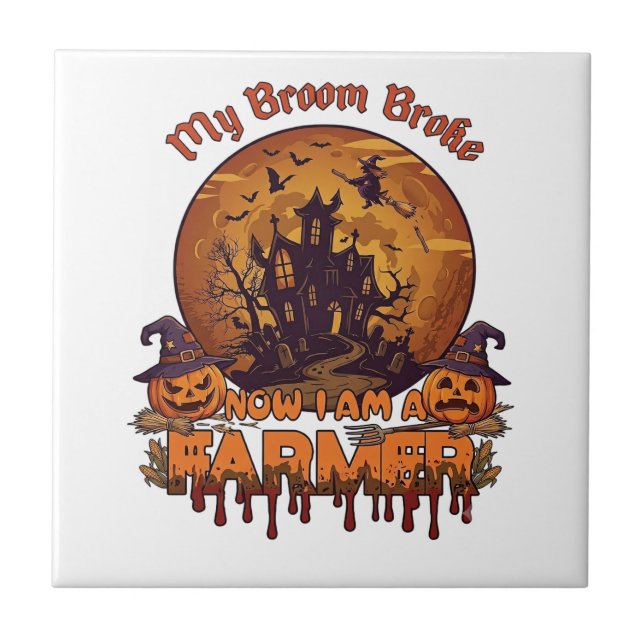 Kvastsöndrig bonde Halloween-häxa Spökhus P Kakelplatta (Framsidan)