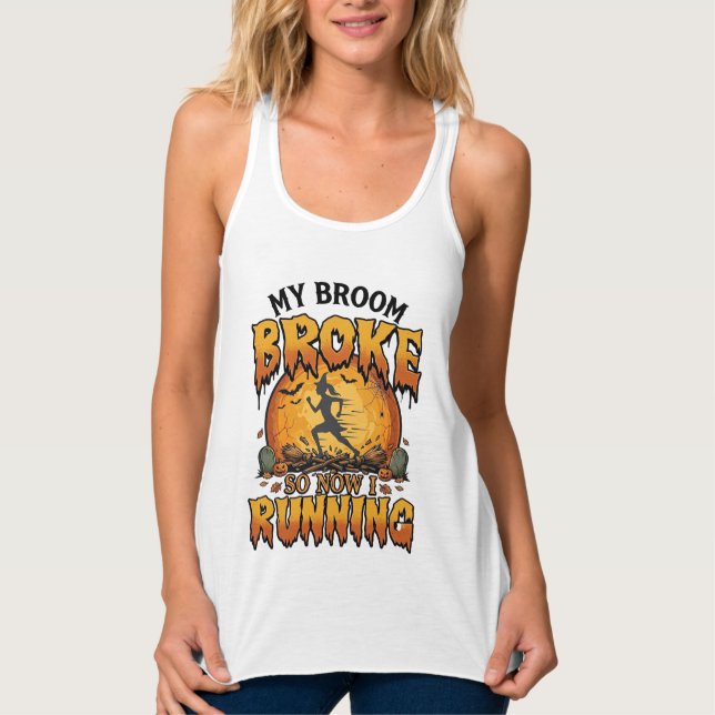Kvastsöndrig Så Nu Springande Halloween Häxa Måne_ Linne Med Racerback (Framsida)