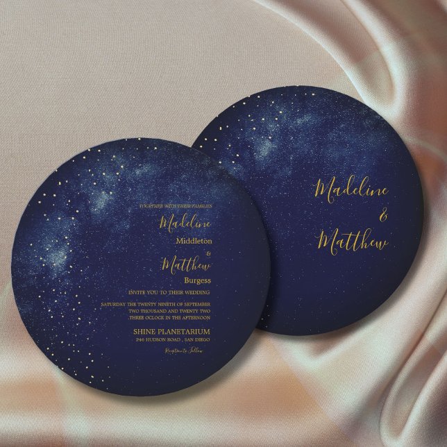 Kväve Himmel Astral Guld Stars Blue Round Bröllop Inbjudningar (Skapare uppladdad)