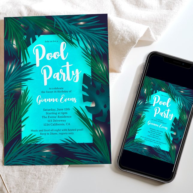 Kväve Tropical handflatan ljus bassäng party Sweet Inbjudningar (Evening Tropical palm lights pool party Sweet 16 Invitation)