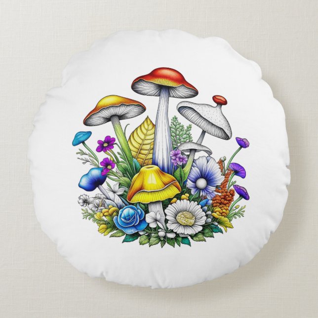 Kvickliga magiska svampar och blommor rund kudde (Framsidan)