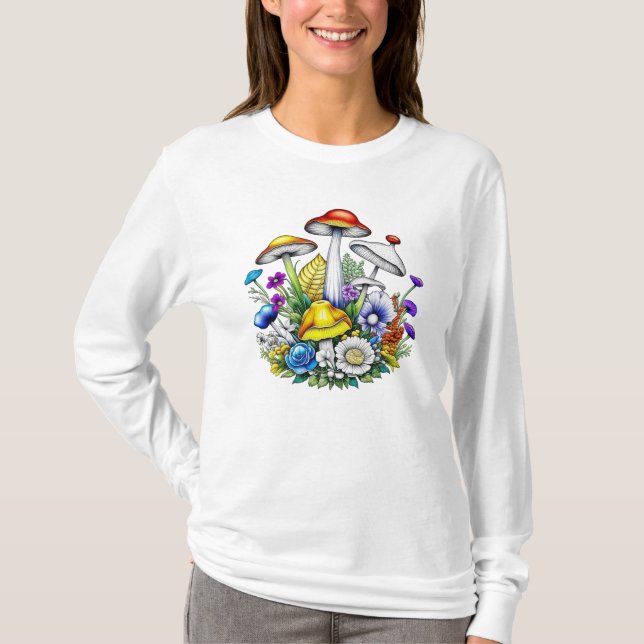 Kvickliga magiska svampar och blommor t shirt (Framsida)