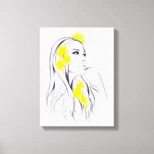 Kvinna ansikte Gula blommor Mode illustrationskons Canvastryck